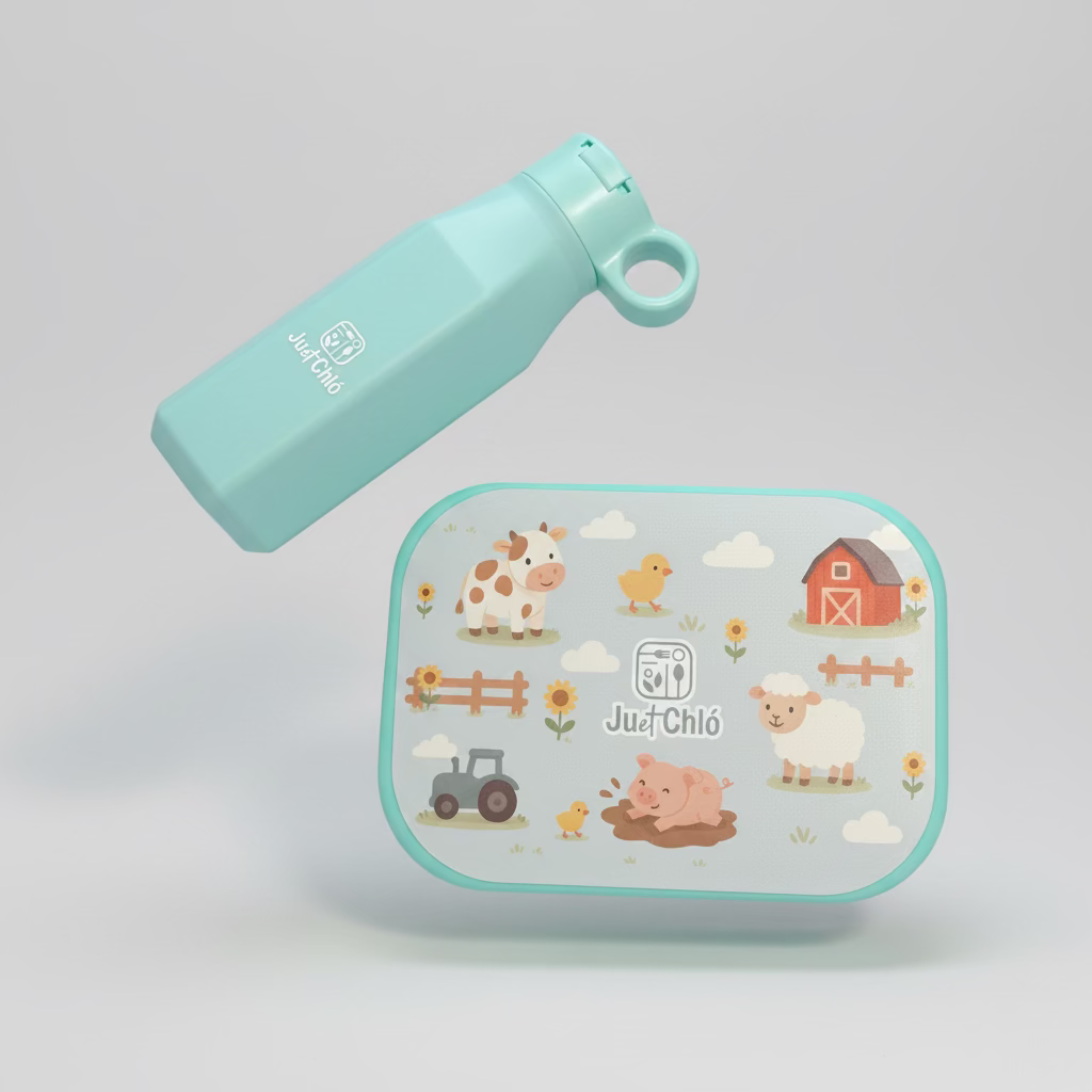 Cadeauset lunchbox en drinkfles kleuter, motief boerderij, BPA-vrij – Ju et Chló