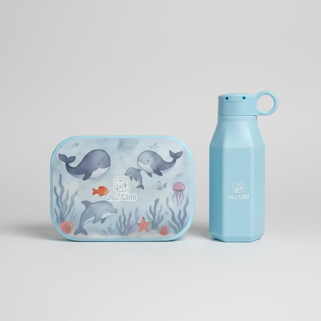 Cadeauset lunchbox en drinkfles kleuter, motief zeedieren, veilig en lekvrij – Ju et Chló