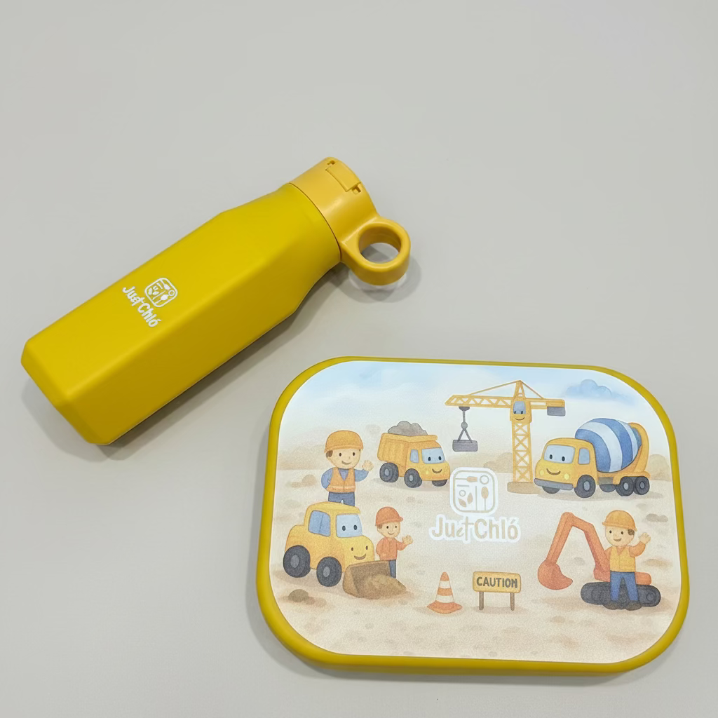 Cadeauset lunchbox en drinkfles kleuter, motief bouwwerf, non-tox silicone – Ju et Chló