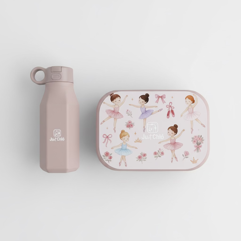 Cadeauset lunchbox en drinkfles kleuter, motief ballet, non-tox silicone – Ju et Chló